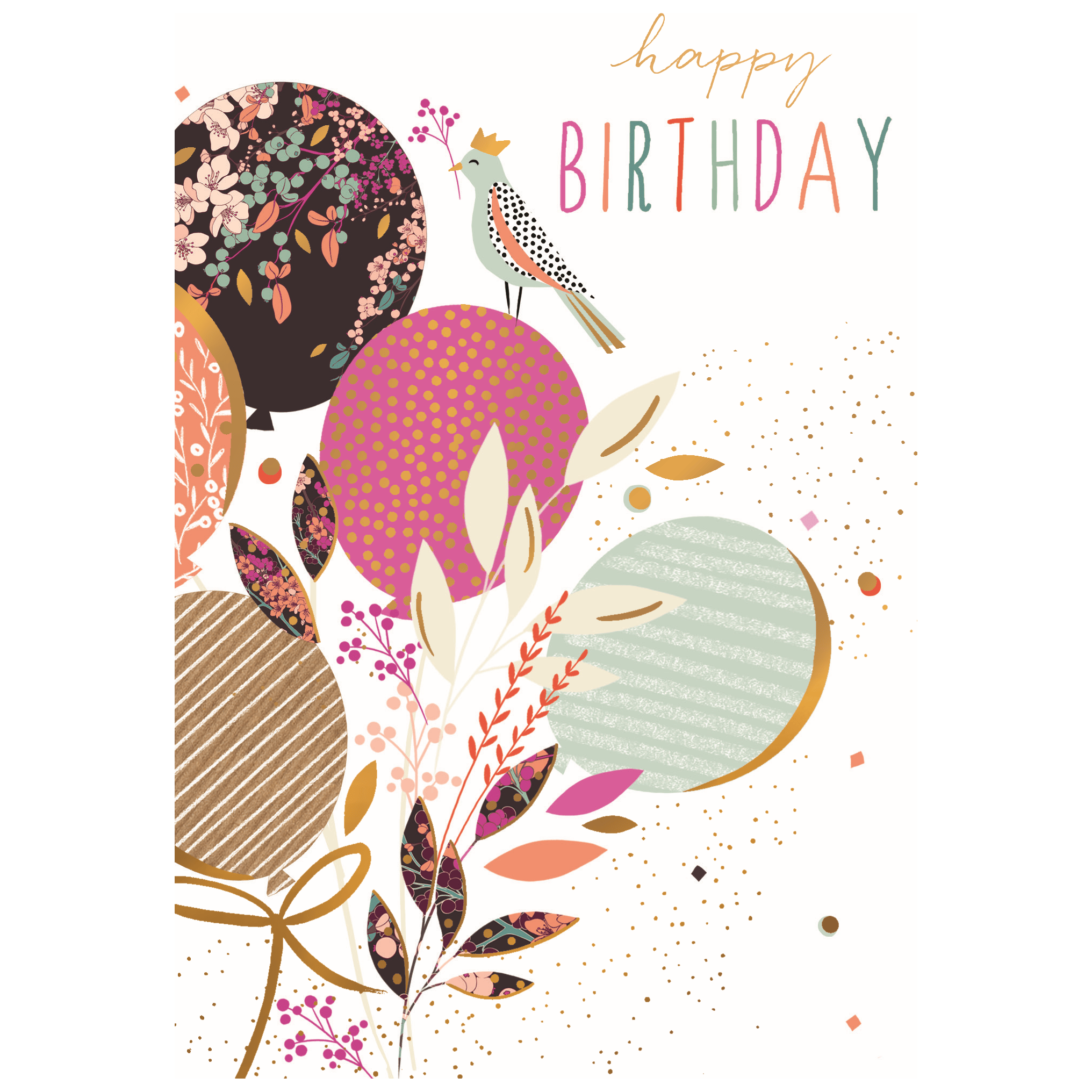 Bird on pink balloon birthday card by Sara Miller, featuring colorful bird illustration on a cheerful pink balloon.